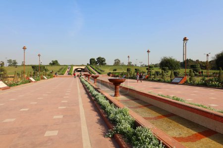 Téléchargez les photos : Aménagement paysager du parc municipal. Sur la pelouse verte, des arbres à fleurs. L'Inde. Delhi - en image libre de droit