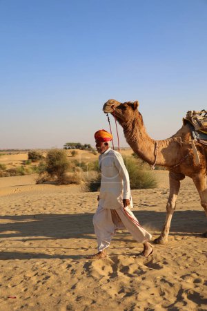 Téléchargez les photos : THAR DESERT RAJASTHAN INDIA - 02 13 2023 : Caméléon indien (chamelier) avec chameaux dans les dunes du désert de Thar. Jaisalmer, Rajasthan, Inde - en image libre de droit