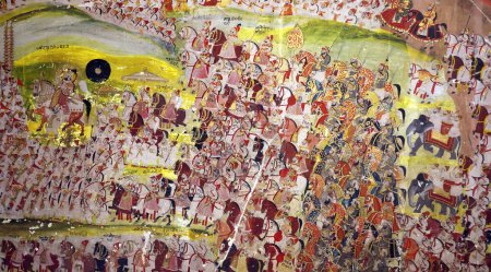 Foto de UDAIPUR RAJASTHAN INDIA - 02 20 2023: La pintura mogol es un estilo de pintura sobre papel confinado a miniaturas, ya sea como ilustraciones de libros o como obras individuales que deben conservarse en álbumes (muraqqa) - Imagen libre de derechos