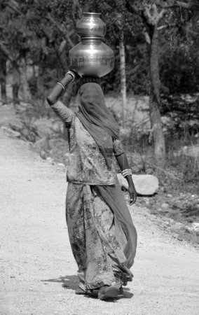 Téléchargez les photos : RURAL RAJASTHAN INDIA - 02 13 2023 : Vie tribale villageoise femmes portant de l'eau dans des pots sur la tête pénurie d'eau estivale - en image libre de droit