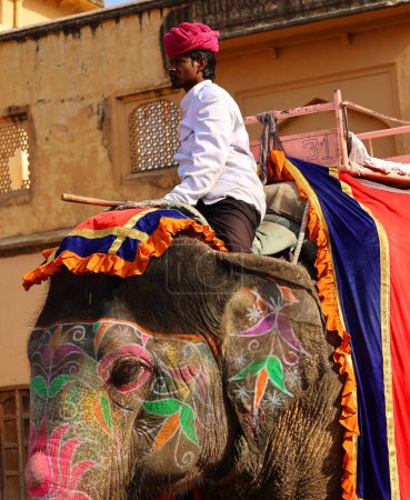 Foto de AMBER RAJASTHAN INDIA - 02 27 2023: Amer Fort o Amber Fort. Elefante decorado y jinete de elefante esperando a los turistas - Imagen libre de derechos