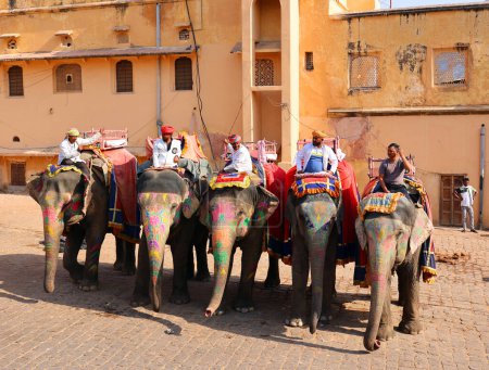Téléchargez les photos : AMBER RAJASTHAN INDIA - 02 27 2023 : Fort Amer ou Fort Amber. Éléphants décorés et cavaliers d'éléphants attendant les touristes - en image libre de droit