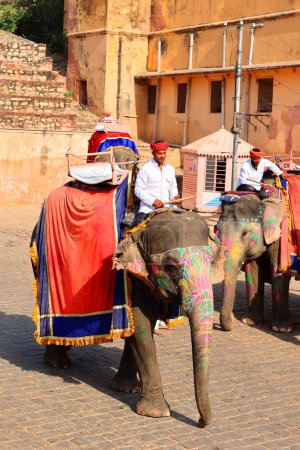 Foto de AMBER RAJASTHAN INDIA - 02 27 2023: Amer Fort o Amber Fort. Elefantes y jinetes de elefantes decorados esperando a los turistas - Imagen libre de derechos