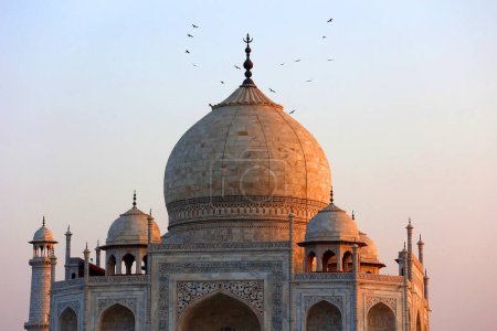 Foto de TAJ MAHAL UTTAR PRADESH INDIA - 03 01 2023: Vista del Taj Mahal al atardecer es un mausoleo de mármol blanco marfil en la orilla derecha del río Yamuna en Agra - Imagen libre de derechos