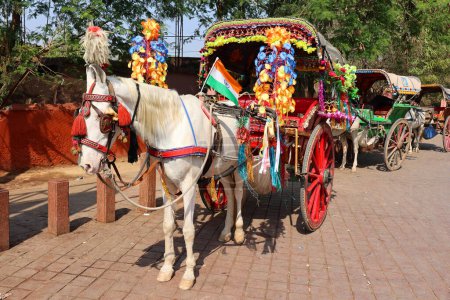 Foto de AGRA UTTAR PRADESH INDIA - 03 01 2023: Tradicionales carruajes de caballos o tangas un modo común de transporte en el sur de Asia. Los tangas a menudo están decorados en colores brillantes con muchos pompones de colores. - Imagen libre de derechos