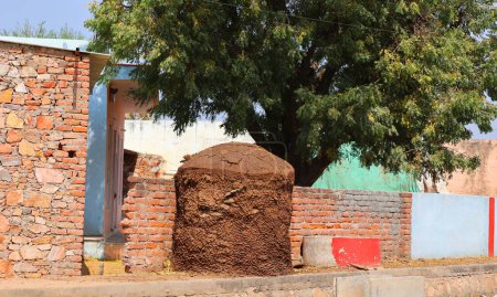 Téléchargez les photos : UTTAR PRADESH INDIA - 03 01 2023 : Petite cabane construite pour stocker des bouses de vache ou de bison qui seront utilisées plus tard comme combustible de cuisson traditionnel sur les foyers. Nandgaon. - en image libre de droit