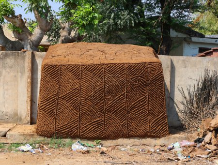 Foto de UTTAR PRADESH INDIA - 03 01 2023: Pequeña cabaña que se construye para almacenar estiércol de vaca o búfalo que se utilizará más tarde como combustible de cocina tradicional en los hogares. Nandgaon.. - Imagen libre de derechos