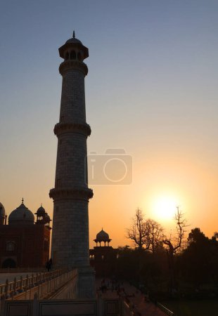 Téléchargez les photos : TAJ MAHAL UTTAR PRADESH INDIA - 03 01 2023 : Minaret du Taj Mahal au lever du soleil est un mausolée en marbre blanc ivoire sur la rive droite de la Yamuna à Agra - en image libre de droit