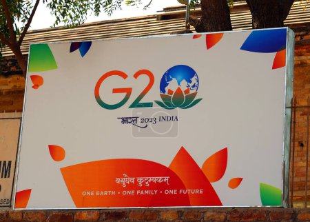 Photo for NEW DELHI INDIA - 02 11 2023: Sign of the 2023 G20 New Delhi summit is the upcoming eighteenth meeting of Group of Twenty (G20), a summit scheduled to take place in International Exhibition-Convention - Royalty Free Image
