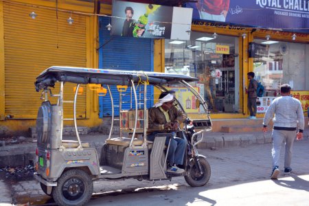Photo for BIKANER RAJASTHAN INDIA - 02 16 2023: An auto rickshaw is a motorized version of the pulled rickshaw or cycle rickshaw. Most have three wheels and do not tilt. - Royalty Free Image