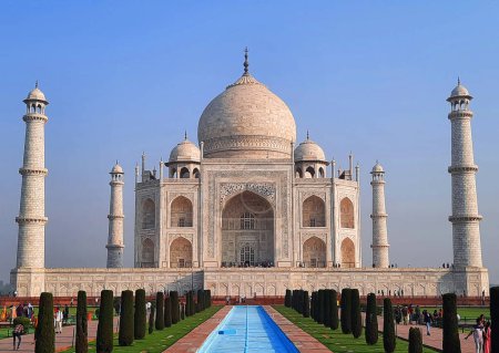 Photo for TAJ MAHAL UTTAR PRADESH INDIA - 03 01 2023: View of the Taj Mahal is an ivory-white marble mausoleum on the right bank of the river Yamuna in Agra - Royalty Free Image