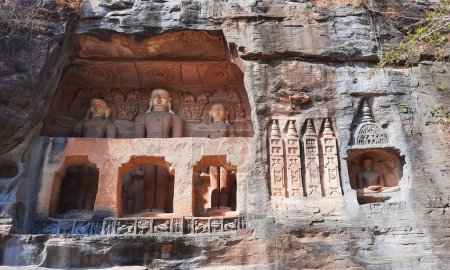Photo for GWALIOR INDIA - 03 03 2023: Gopachal rock-cut Jain monuments, or Gopachal Parvat Jaina monuments, are a group of Jain carvings dated to between 7th and 15th century. - Royalty Free Image