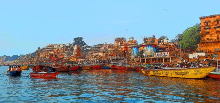 Téléchargez les photos : VARANASI BHOJPUR PURVANCHAL INDIA - 03 05 2023 : Illustration de Varanasi, Banaras ou Bénarès et Kashiqui occupe une place centrale dans les traditions de pèlerinage, de mort et de deuil dans le monde hindou - en image libre de droit