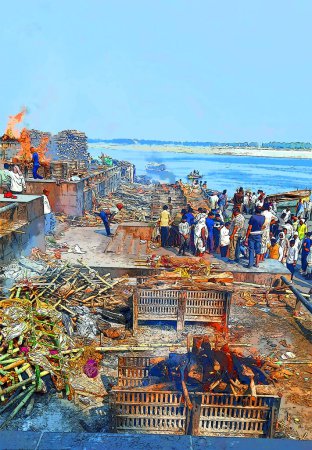 Téléchargez les photos : VARANASI BHOJPUR PURVANCHAL INDIA - 03 05 2023 : Illustration de la cérémonie de crémation d'un hindou inconnu à Manikarnika Ghat en face du Gange à Varanasi - en image libre de droit