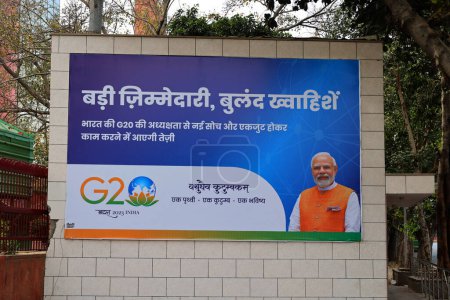 Photo for NEW DELHI INDIA - 02 11 2023: Sign of the 2023 G20 New Delhi summit is the upcoming eighteenth meeting of Group of Twenty (G20), a summit scheduled to take place in International Exhibition-Convention - Royalty Free Image