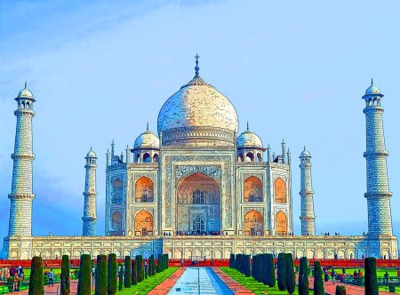 Foto de TAJ MAHAL AGRA UTTAR PRADESH INDIA - 03 01 2023: Ilustración del Taj Mahal al amanecer es un mausoleo de mármol blanco marfil en la orilla derecha del río Yamuna en Agra - Imagen libre de derechos
