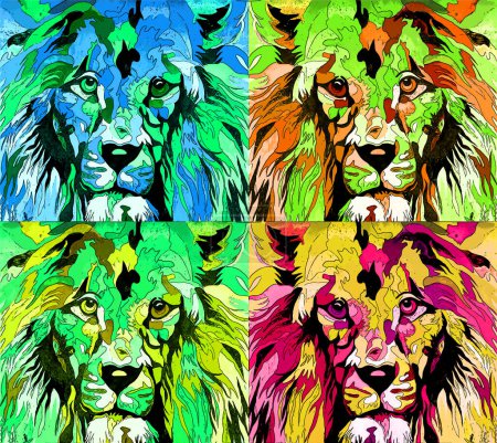 Téléchargez les photos : Homme lion signe illustration pop-art icône de fond avec des taches de couleur - en image libre de droit