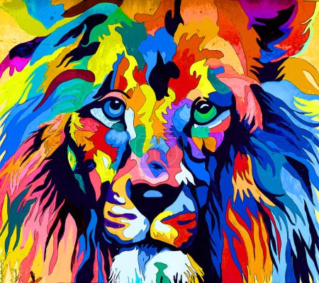 Téléchargez les photos : Homme lion signe illustration pop-art icône de fond avec des taches de couleur - en image libre de droit