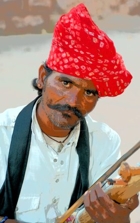 Foto de JAISALMER RAJASTHAN INDIA - 02 13 2023: Ilustración de músicos callejeros mendigando en la fortaleza de Jaisalmer Rajasthan state India - Imagen libre de derechos
