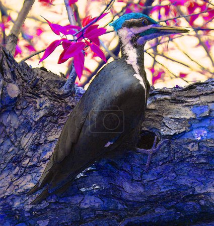 Foto de Ilustración de Pájaro carpintero apilado es un gran pájaro carpintero negro nativo de América del Norte. Insectívoro, habita bosques caducifolios en el este de Norteamérica, los Grandes Lagos y Canadá - Imagen libre de derechos