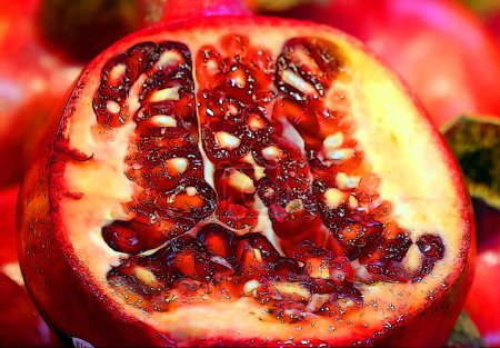 Téléchargez les photos : Grenade mûre signe de fruit illustration pop-art icône de fond avec des taches de couleur - en image libre de droit