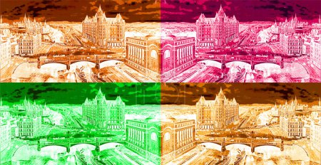 Téléchargez les photos : OTTAWA ONTARIO CANADA - CIRCA 1914 : Illustration vintage de l'hôtel Château Laurier signe illustration icône de fond pop-art avec taches de couleur - en image libre de droit
