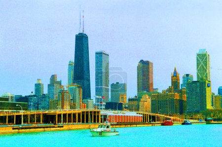 Photo for CHICAGO ILLINOIS UNITED STATES - 06 23 2003; Downtown and the John Hancock Center in Chicago sign illustration background icon with color spots - Royalty Free Image