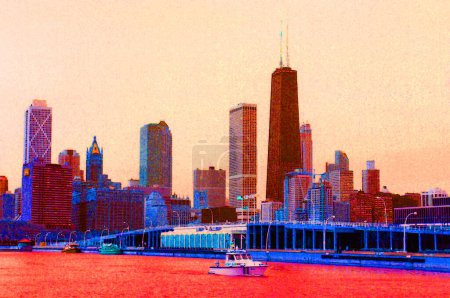 Photo for CHICAGO ILLINOIS UNITED STATES - 06 23 2003; Downtown and the John Hancock Center in Chicago sign illustration background icon with color spots - Royalty Free Image