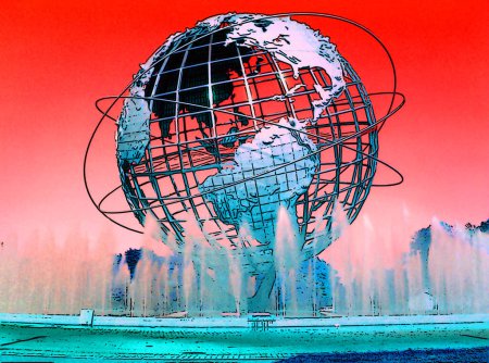 Téléchargez les photos : NEW YORK CITY NY ÉTATS-UNIS D'AMÉRIQUE - 09 13 1999 : Unisphere est une représentation sphérique en acier inoxydable de la Terre dans Flushing Meadows Corona Park signe illustration pop-art couleurs de fond - en image libre de droit