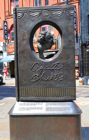 Photo for LONDON UNITED KINGDOM - 06 19 2023: Agatha Christie Memorial is a memorial to author and playwright Agatha Christie, located at the intersection of Cranbourn Street and Great Newport Street by St Martin - Royalty Free Image