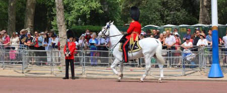 Foto de LONDRES REINO UNIDO - 06 17 2023: Los guardias del Rey en el cumpleaños del Soberano se celebran oficialmente con la ceremonia de Trooping the Colour (Desfile de Cumpleaños del Rey)). - Imagen libre de derechos