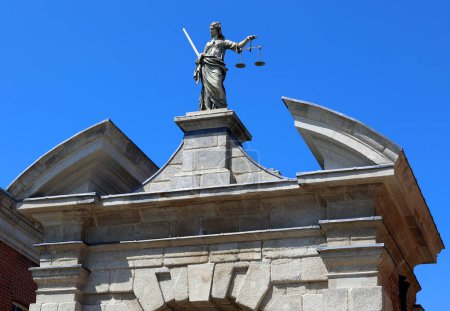 Photo for DUBLIN REPUBLIC OF IRELAND 05 28 2023: Statue of Lady Justice of Dublin Castle is a former Motte-and-bailey castle and current Irish government complex and conference centre. - Royalty Free Image