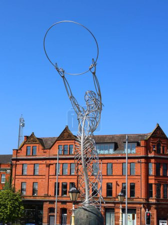 Photo for BELFAST NORTHERN IRELAND UNITED KINGDOM 06 03 2023: Beacon of Hope or Thanksgiving Square Beacon public art metal sculpture by Andy Scott 19.5 metres high constructed in 2007 - Royalty Free Image