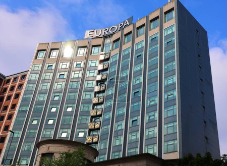 Photo for BELFAST NORTHERN IRELAND UNITED KINGDOM 06 03 23: Europa Hotel was constructed by Grand Metropolitan and designed by Sydney Kaye. During The Troubles was known as Europes most bombed hotel (36 bombs) - Royalty Free Image