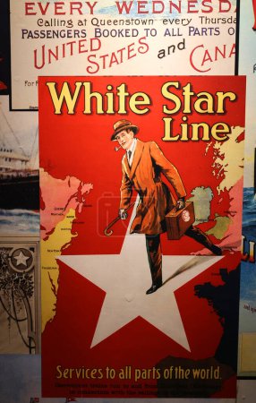 Photo for BELFAST NORTHERN IRELAND UNITED KINGDOM 06 03 2023: Ship posters are some of the most valuable, and the White Star Line is one of the best in the genre, as the British shipping, company built Titanic - Royalty Free Image