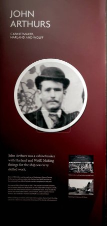 Photo for Information plaque of John Arthurs - worked as a cabinet-maker on Titanic, museum of history - Royalty Free Image