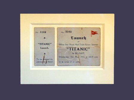 Photo for BELFAST NORTHERN IRELAND UNITED KINGDOM 06 03 2023: Titanic launch ticket. Titanic was built for the White Star Line by Harland and Wolff in Belfast and launched 31st May 1911 - Royalty Free Image