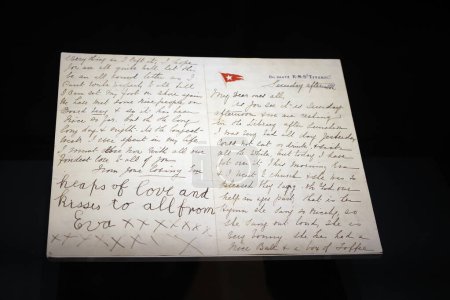 Photo for BELFAST NORTHERN IRELAND UNITED KINGDOM 06 03 2023: Incredible last letter written on Titanic was penned just hours before it sank. Esther and Eva Hart penned the letter on Sunday, April 14 1912 - Royalty Free Image