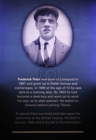 Téléchargez les photos : LIVERPOOL UNITED KINGDOM 06 07 2023: Frederick Fleet was a British sailor, crewman and a survivor of the sinking of the RMS Titanic - en image libre de droit