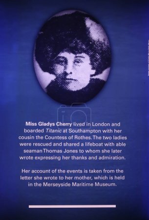 Photo for LIVERPOOL UNITED KINGDOM 06 07 2023: Miss Gladys Cherry. She boarded the Titanic at Southampton with her cousin the Countess of Rothes and her maid Roberta Maioni - Royalty Free Image