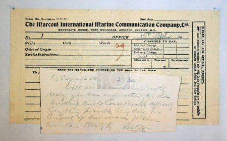 Photo for LIVERPOOL UNITED KINGDOM 06 07 2023: Telegram from the Olympic on 15 april 1912 the day of the Titanic sinking is an ocean liner that was built in Belfast. Pure product of the Harland-Wolff shipyard - Royalty Free Image