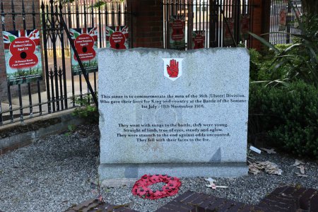 Photo for BELFAST NORTHERN IRELAND UNITED KINGDOM 06 03 2023: 25 Battle of the Somme Memorial Garden (Establishment and park) at 417 Shankill Road, Belfast, Northern Ireland - Royalty Free Image