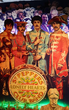 Photo for LIVERPOOL UNITED KINGDOM 06 07 20 23: Poster of the Sgt. Pepper's Lonely Hearts Club Band is the eighth studio album by the English rock band the Beatles. Released on 26 May 1967 - Royalty Free Image