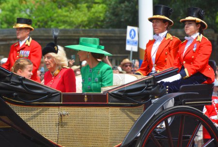 Photo for LONDON UNITED KINGDOM 06 17 23: Queen Camilla and Catherine, Princess of Wales at King guards at the Sovereign birthday is officially celebrated by the ceremony of Trooping the Colour King's Birthday - Royalty Free Image