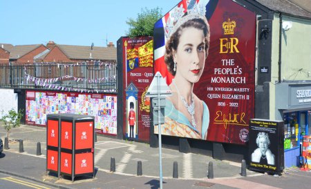 Photo for BELFAST NORTHEN IRELAND UNITED KINGDOM 06 03 2023: Belfast's Shankill Road with a giant sign to honour and remember the Queen after her dead 8 September 2022 - Royalty Free Image