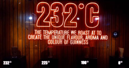 Photo for DUBLIN REPUBLIC OF IRELAND 05 28 2023: 232 degrees Celsius. That's the temperature that transforms our barley into a black state of perfection. That's the temperature that makes GUINNESS taste - Royalty Free Image