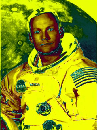 Téléchargez les photos : CIRCA 1500 : Pop art de Neil Armstrong astronaute USA illustration icône fond avec taches de couleur - en image libre de droit