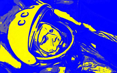 Foto de CIRCA 1500: Arte pop de Yuri Gagarin, cosmonauta de la URSS, ilustración icono de fondo de arte pop con manchas de color - Imagen libre de derechos