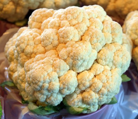 Photo for Cauliflower is one of several vegetables in the species Brassica oleracea in the genus Brassica, which is in the Brassicaceae (or Mustard) family of vegetables on stand in market - Royalty Free Image