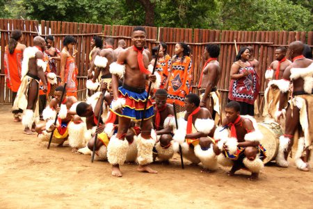 Photo for MANZINI, SWAZILAND - NOVEMBER 25 : unidentified young men and women wearing traditional clothing during presentation of Swazi show on November 25, 2010 in Manzini, Swaziland - Royalty Free Image